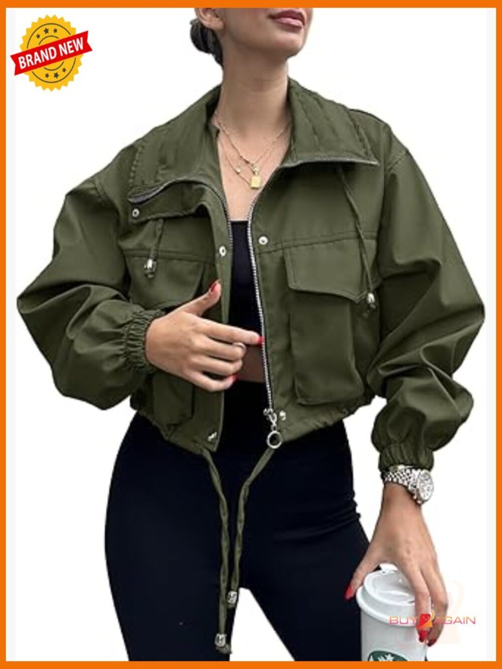 Womens Cropped Jacket Zip Up Lightweight Oversized Utility Anorak Coat with